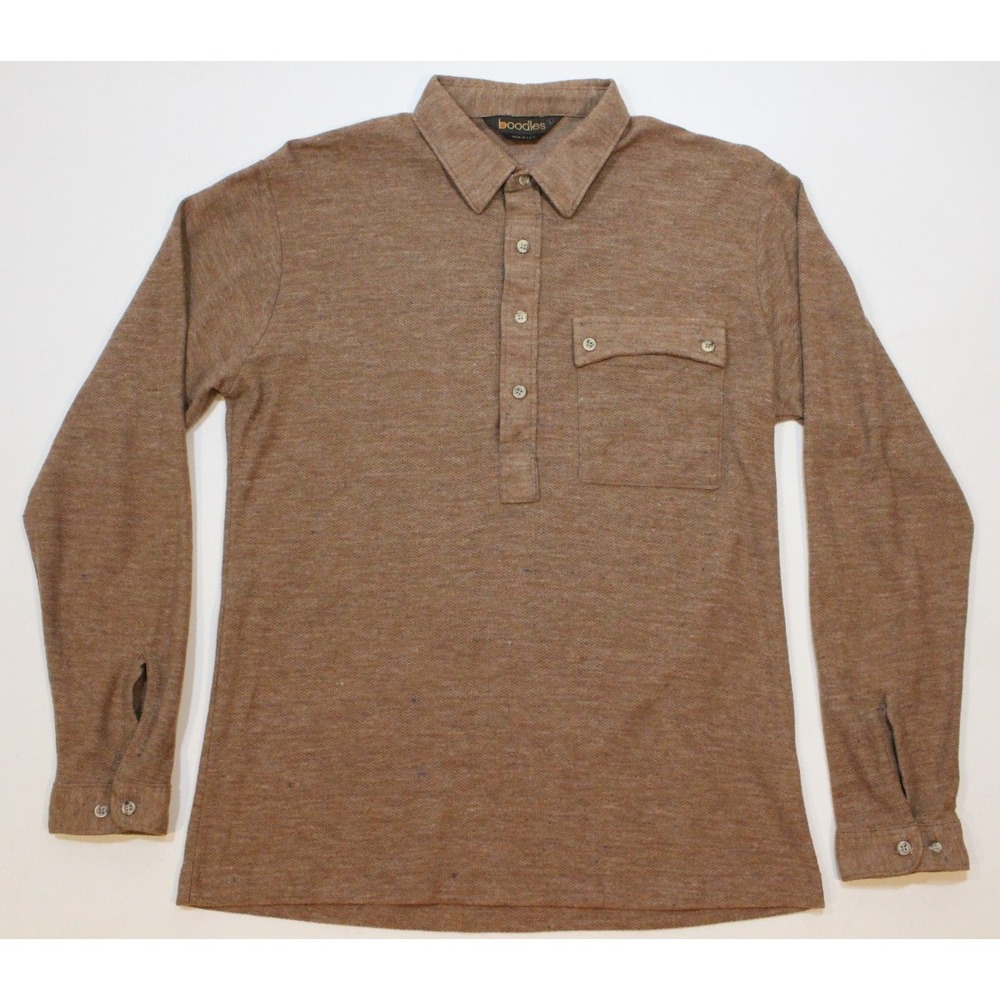 Vintage 70's‎ Boodles 1/4 Button Shirt Size Large Knit Brown Made in USA Disco